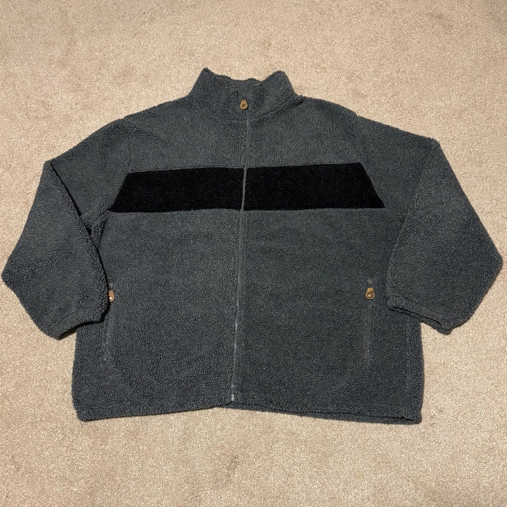 Cherokee Mens Sherpa Jacket Full Zip Gray Black Mock Neck Outdoor Oversize Sz XL